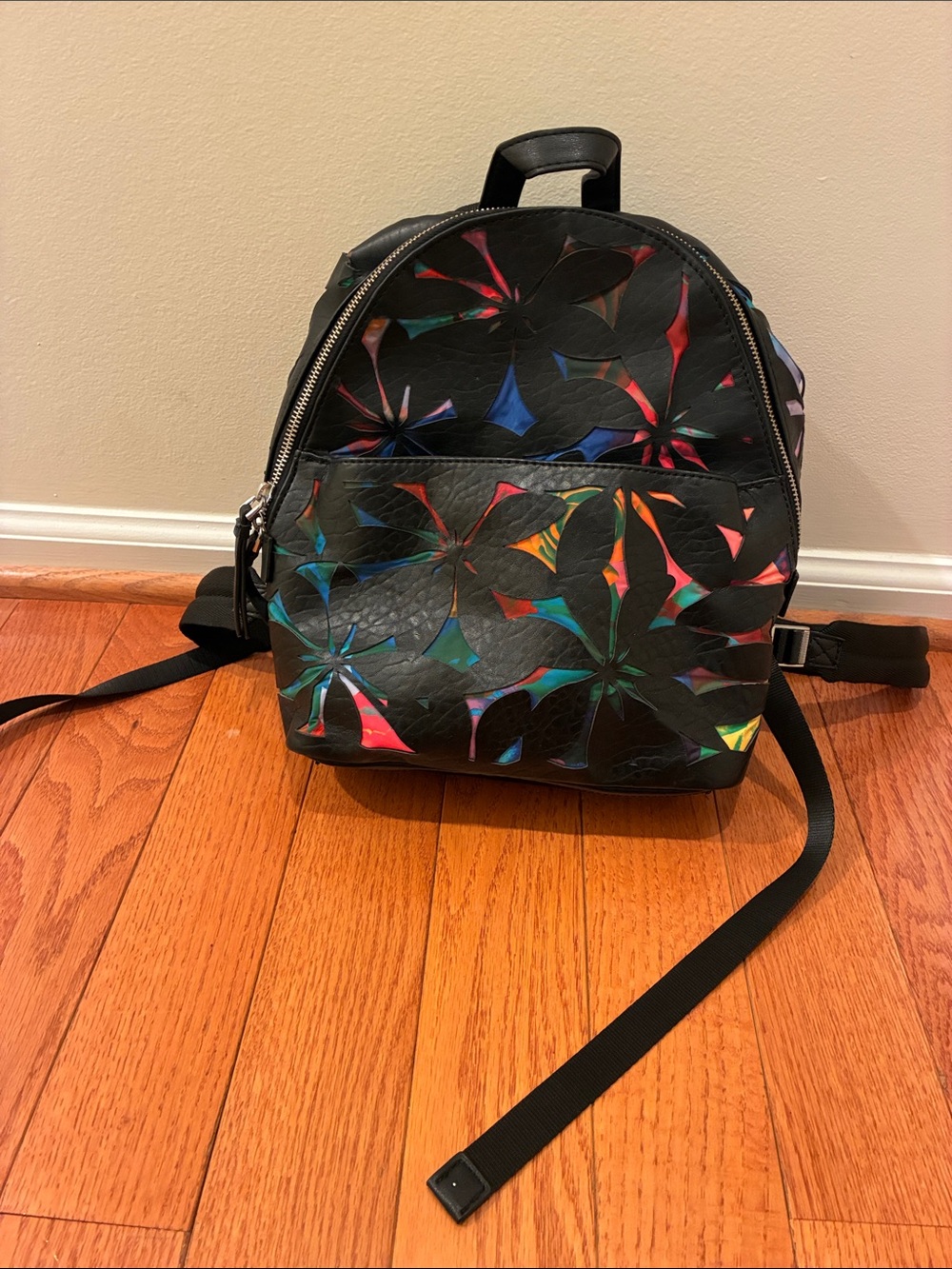 Desigual Black Mini Backpack with Multicolor Floral Cutouts